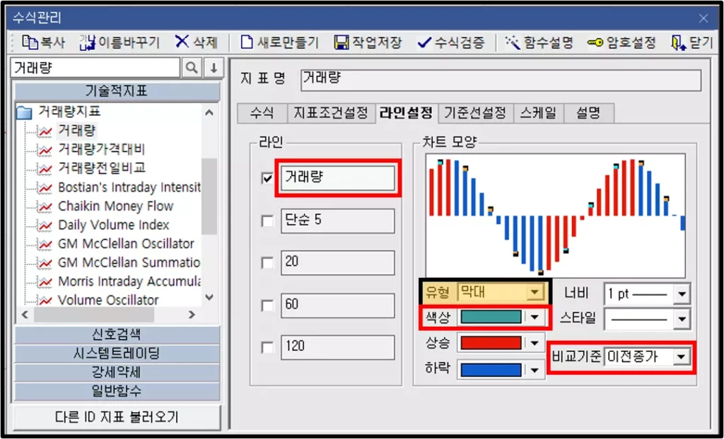 기술적 지표 (막대)라인 설정 방법 (5)