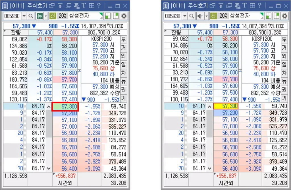 주식 호가 메뉴에 현재가 및 외곽선 설정 방법 (1)
