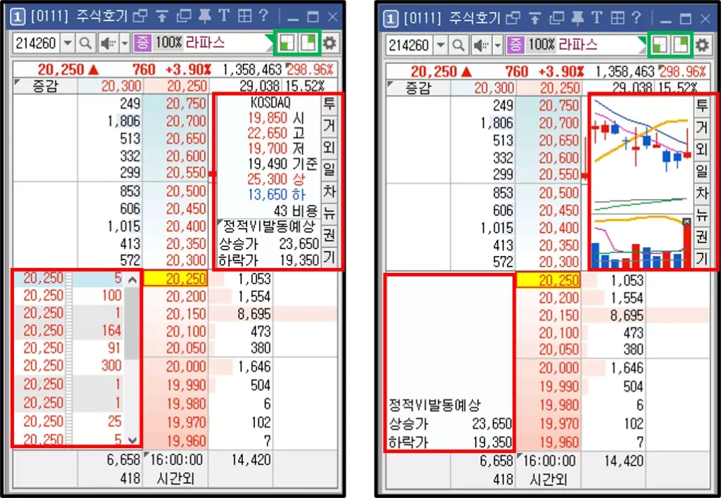 주식 호가 메뉴의 데이터 표기 공간 설정 방법 (2)