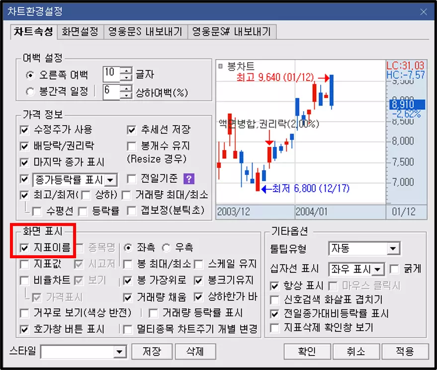 차트에서 보조지표 설정값 숨기는 방법 (2)